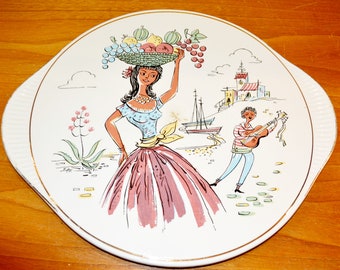 Vintage  Keramik Kuchenplatte  Cake Plate  Beige/Bunt    50er Jahre  Mid Century   Space Age  Retro  WGK  WGP