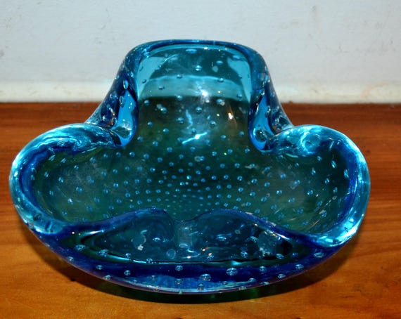 Beautiful Large XL Vintage Glass Ashtray, Blue, 70s, Space Age