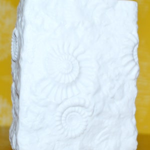 Puede incluir: Jarr&oacute;n de cer&aacute;mica blanca con una superficie texturizada que se asemeja a una formaci&oacute;n rocosa. El jarr&oacute;n presenta dise&ntilde;os en relieve detallados de amonitas fosilizadas.