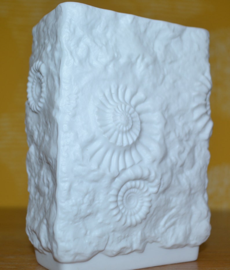 Puede incluir: Jarr&oacute;n de cer&aacute;mica blanca con una superficie texturizada y dise&ntilde;os en relieve de amonites. El jarr&oacute;n es de forma rectangular y tiene una base lisa y blanca.