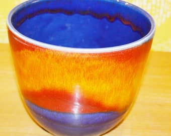 Schöner  Vintage Übertopf 70er Jahre Blumentopf Blau/Orange    15x17cm   Fat Lava   Seventies  Plant Pot   Keramik Mid Century  Retro