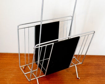 Beautiful rare vintage newspaper rack 70s black / silver colored metal / leather retro mid century shabby chic country style