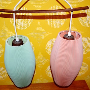 Vintage ceiling lamp with teak frame, with 2 plastic domes in green/pink pastel colors 50s Rockabilly Retro Mid Century
