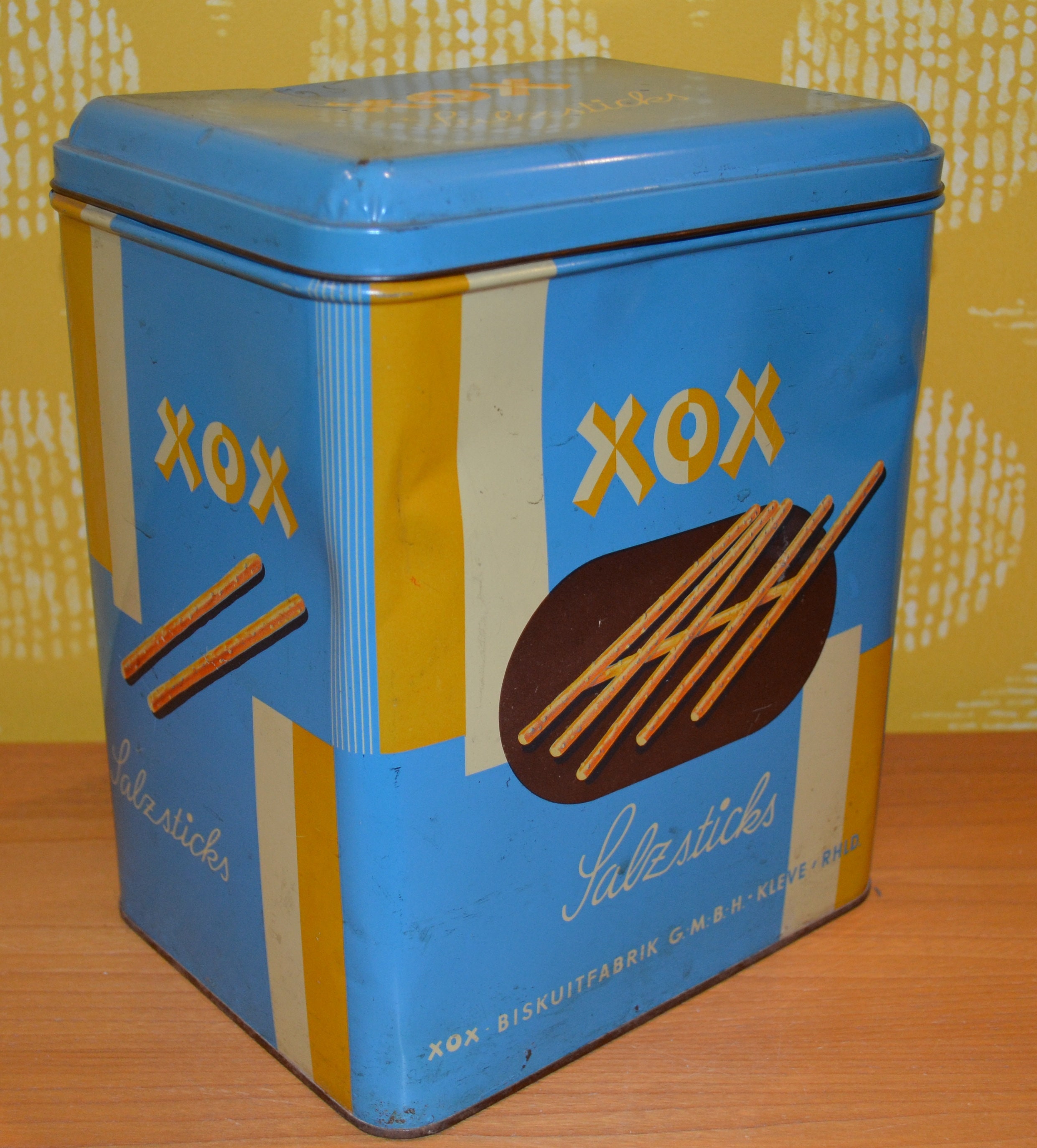 ヴィンテージ ブリキ缶 XOX 塩スティック ブルー ミッドセンチュリー
