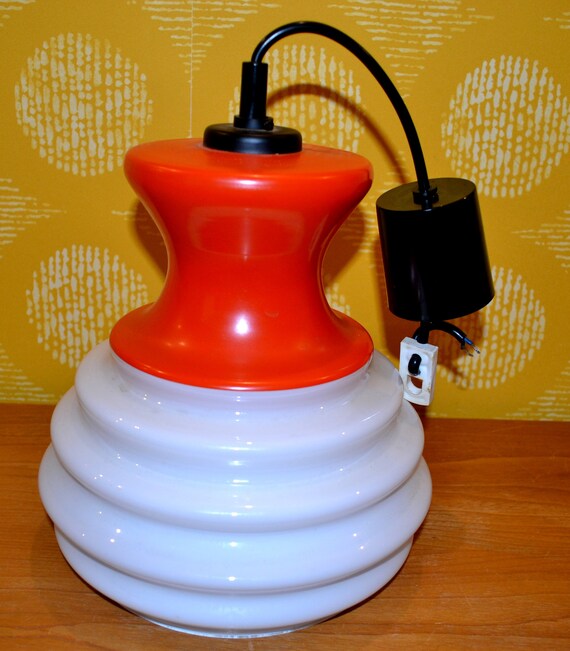 ヴィンテージガラス吊り下げランプ オレンジ/ホワイト 70年代 スペース