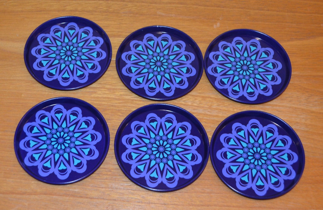 Vintage Coaster 70s Coasters Tin Blue Retro Mid Century West Etsy