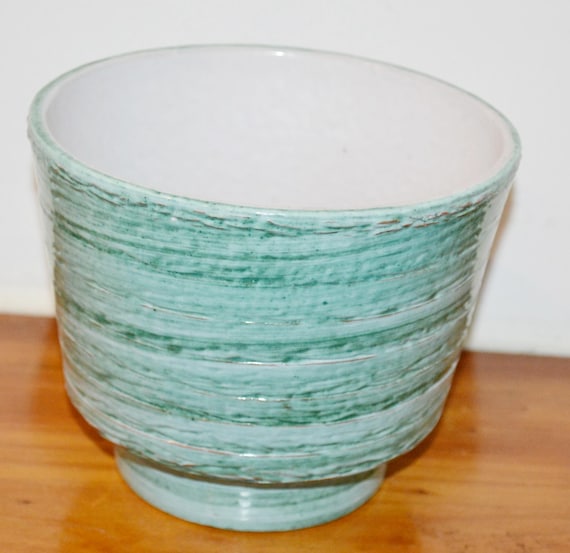 Schöner Vintage Übertopf 70er Jahre Blumentopf Grün/Weiß Seventies Plant Pot Keramik Mid Century Retro