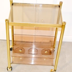 Beautiful small vintage brass side table on wheels metal/plexiglass retro mid century 70s shabby chic country style