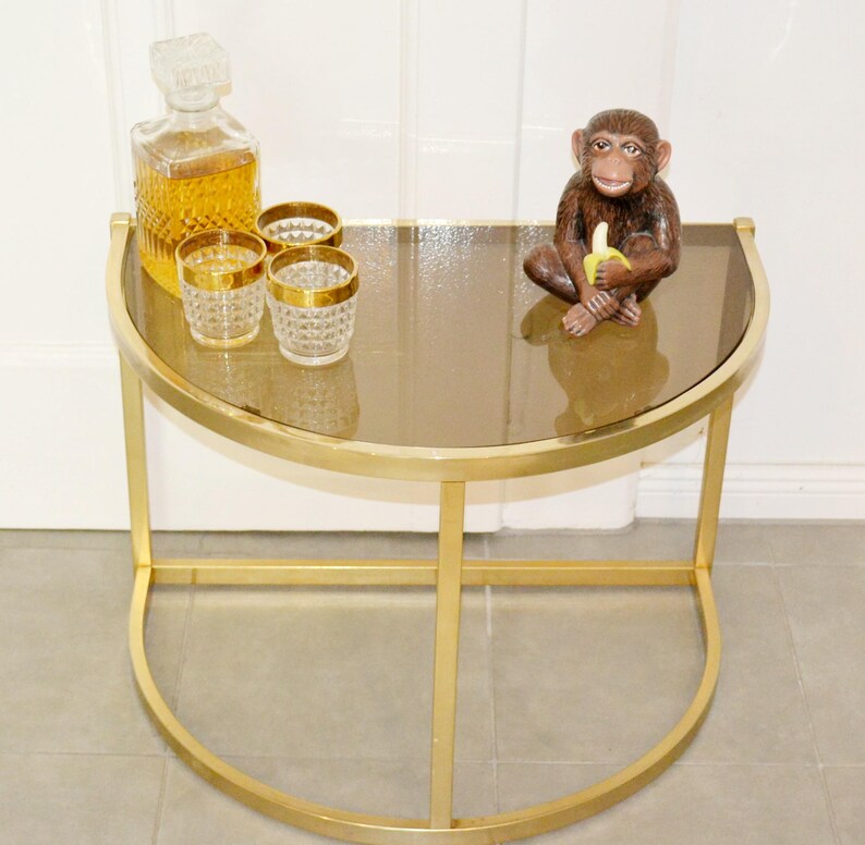 Beautiful Semicircular Vintage Brass Console Table Metal / Glass Gold