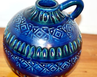 70年代の青/緑のヴィンテージ陶器の花瓶、70年代のレトロミッド