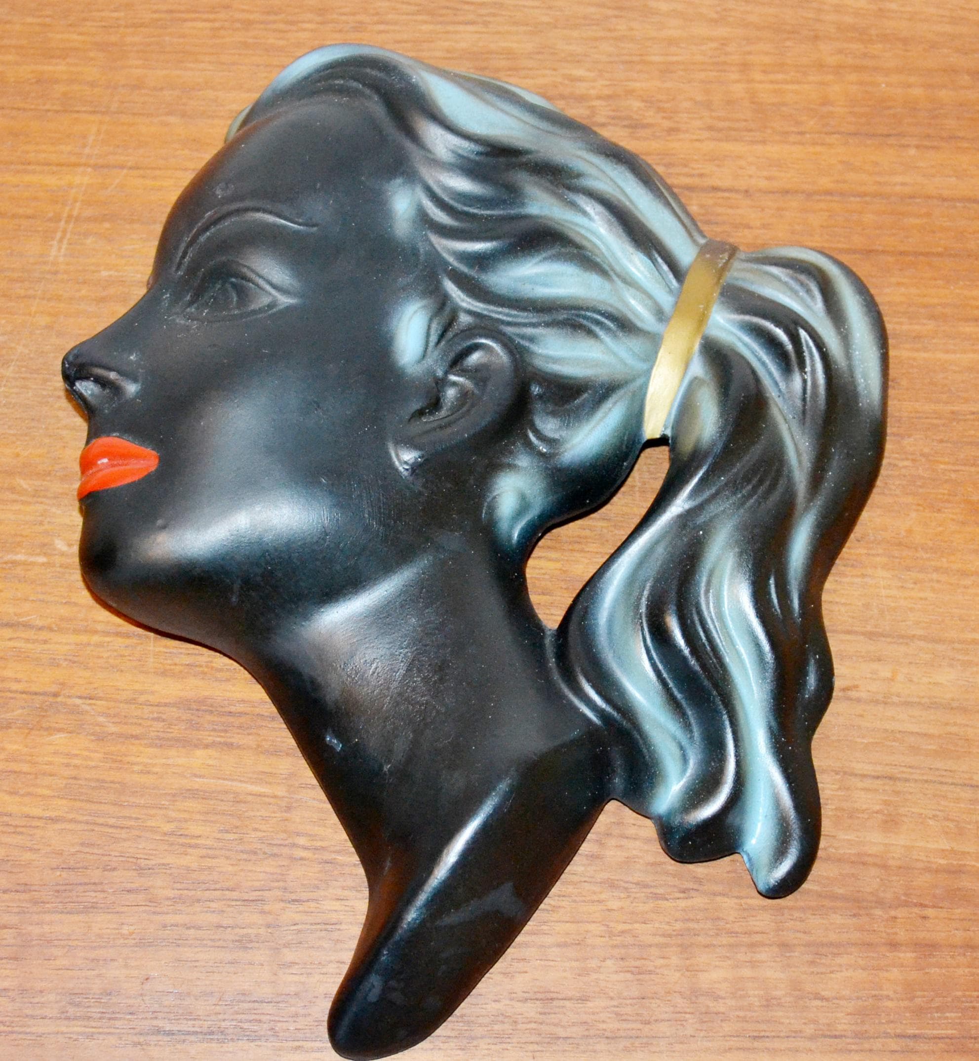 Vintage Ceramic Wall Mask by Cortendorf, Black/blue, 1950s, Mid