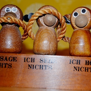 Vintage bottle opener set teak wood/metal 3 monkeys cap lifter corkscrew 60s design classic space age retro mid century