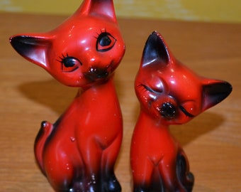 Vintage Figuren Katzenpärchen  Keramik  Rot   70er Jahre  Figur Deko   Retro Design Mid Century  Cats