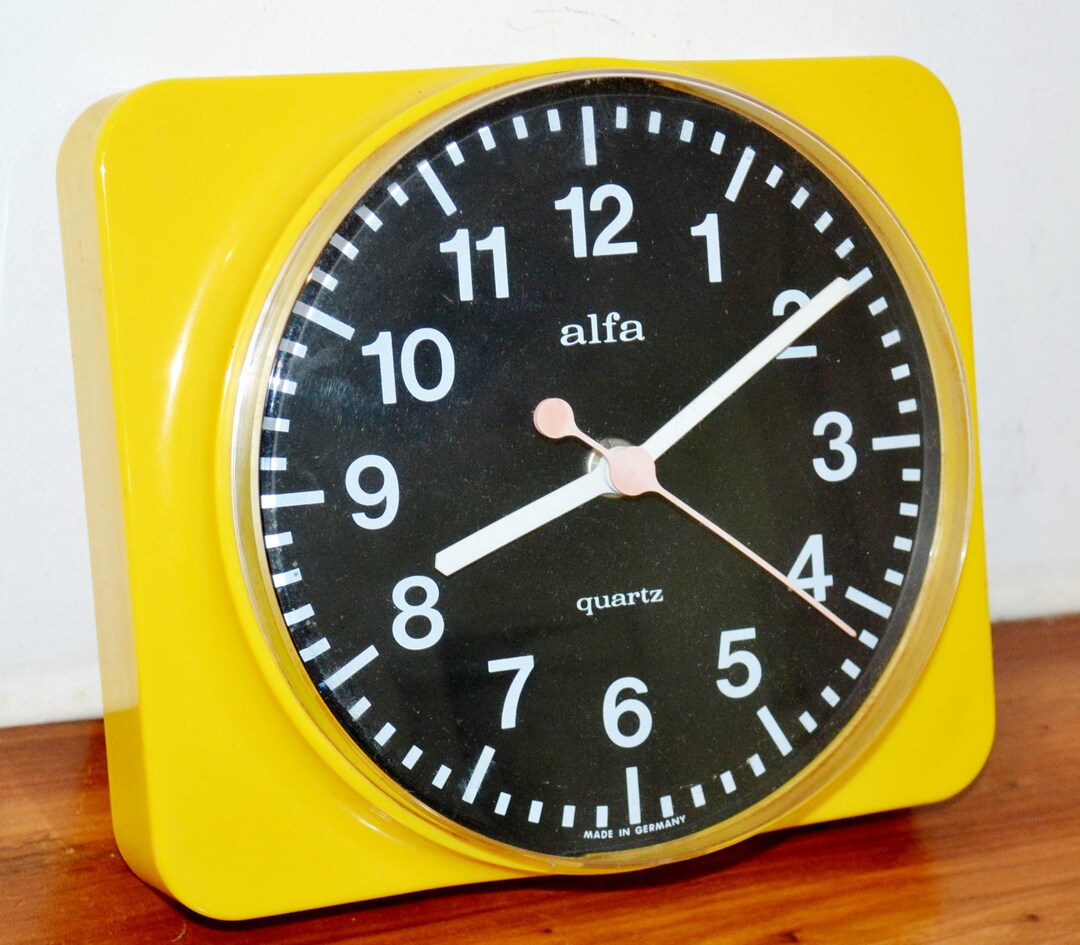Vintage Wall Clock, Plastic, by Alfa, Yellow, 1970s, Retro, Mid