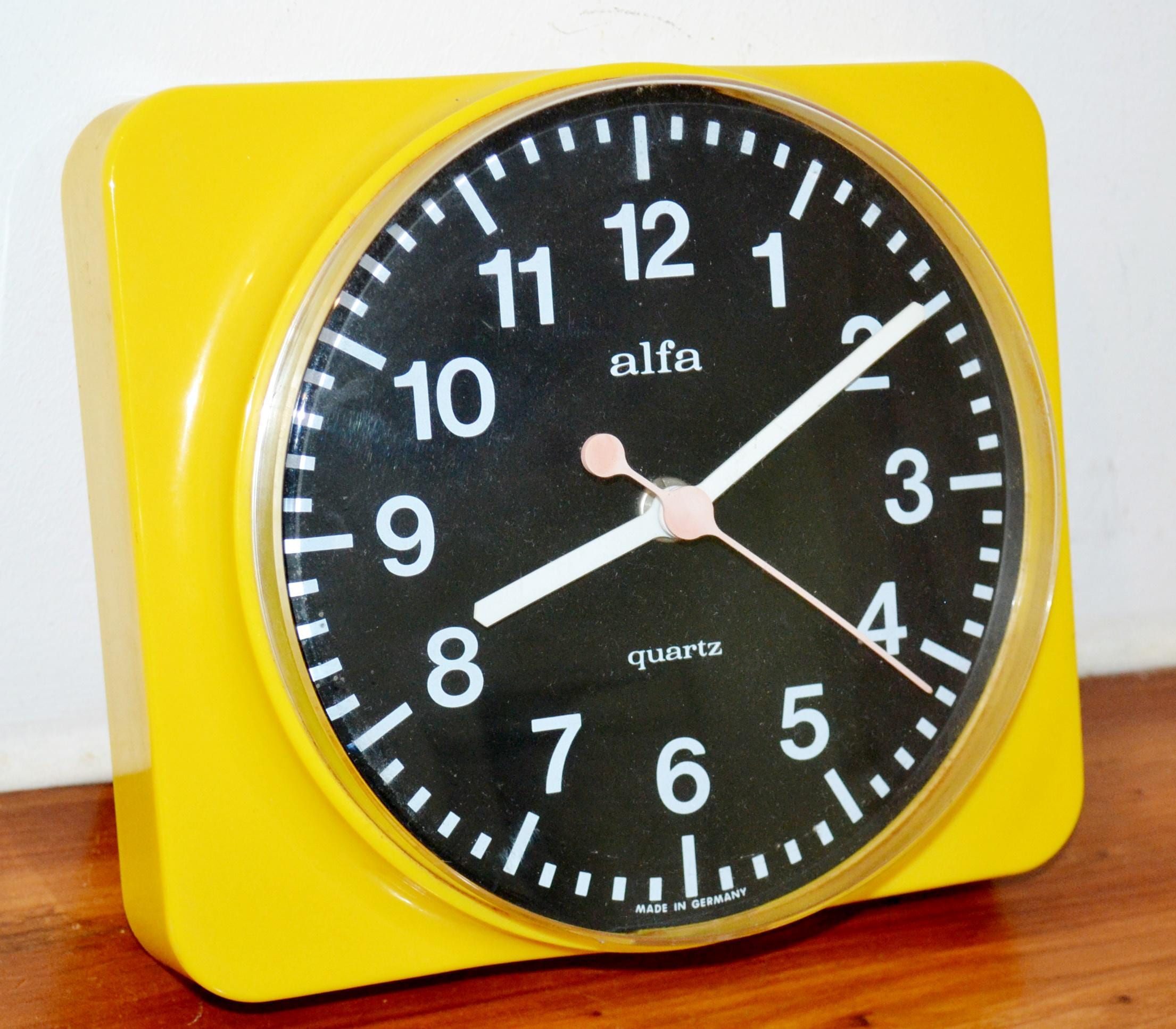 Vintage Wall Clock, Plastic, by Alfa, Yellow, 1970s, Retro, Mid