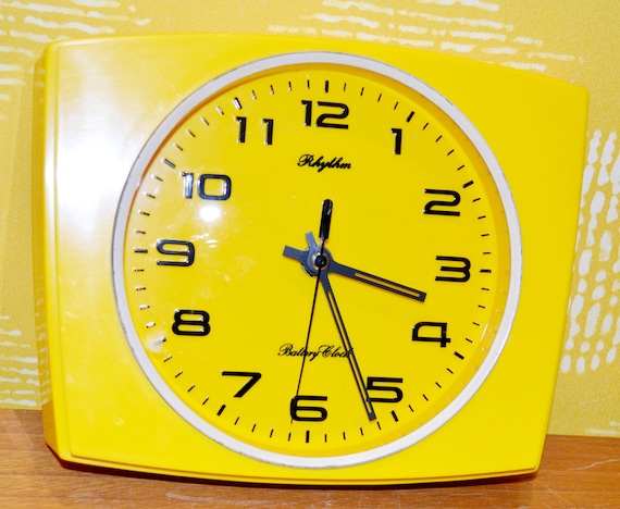 Vintage Plastic Wall Clock by Rhythm, Yellow, 1970s Retro, Mid