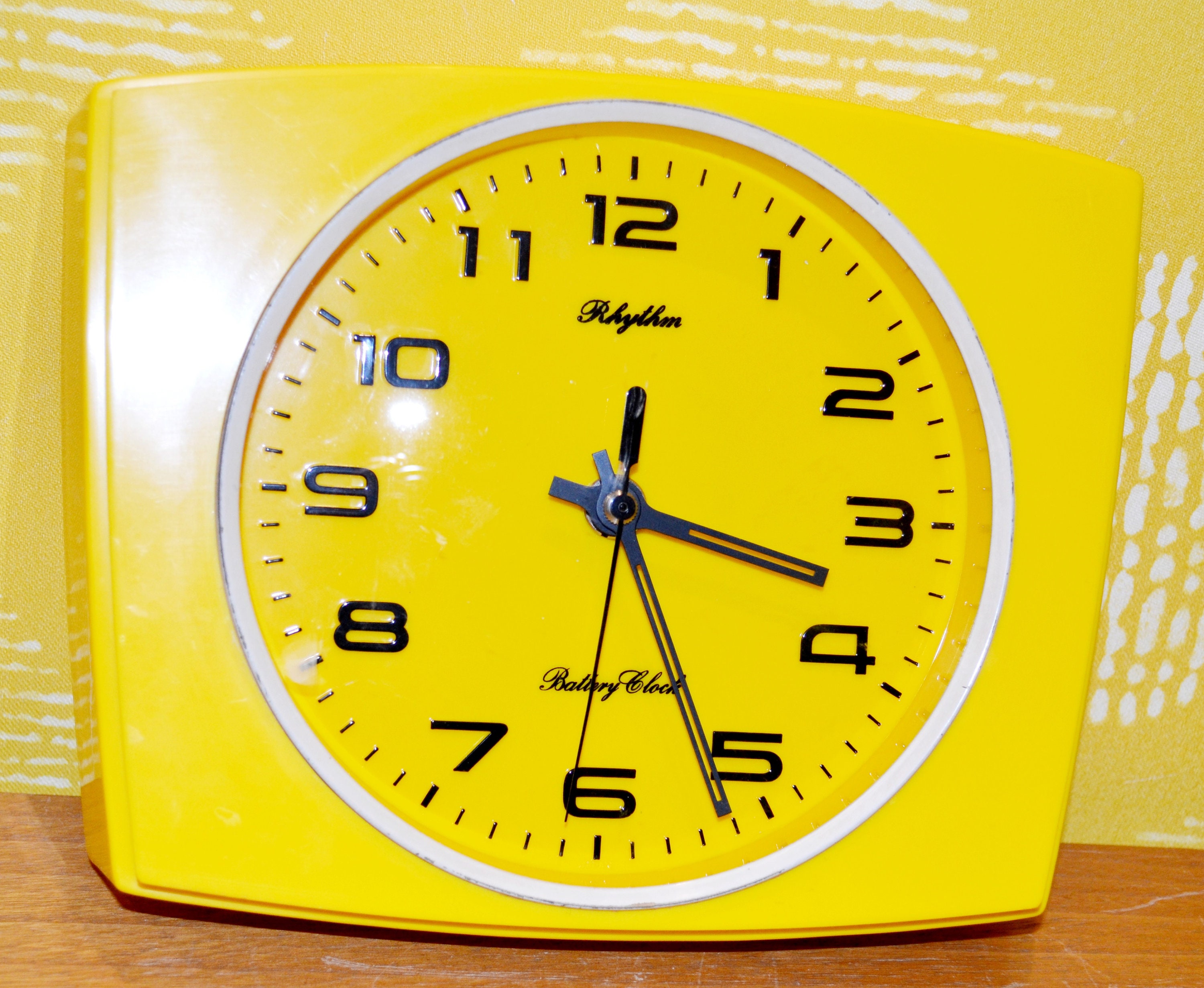 Vintage Plastic Wall Clock by Rhythm, Yellow, 1970s Retro, Mid