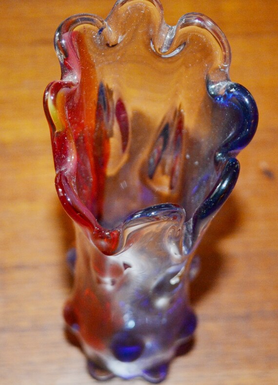 70's ヴィンテージ ムラノ ガラス フラワーベース vetri murano ヴィンテージガラス花瓶 2トーン 赤&frasl;青 渦巻き ムラーノ 70年代 レトロ