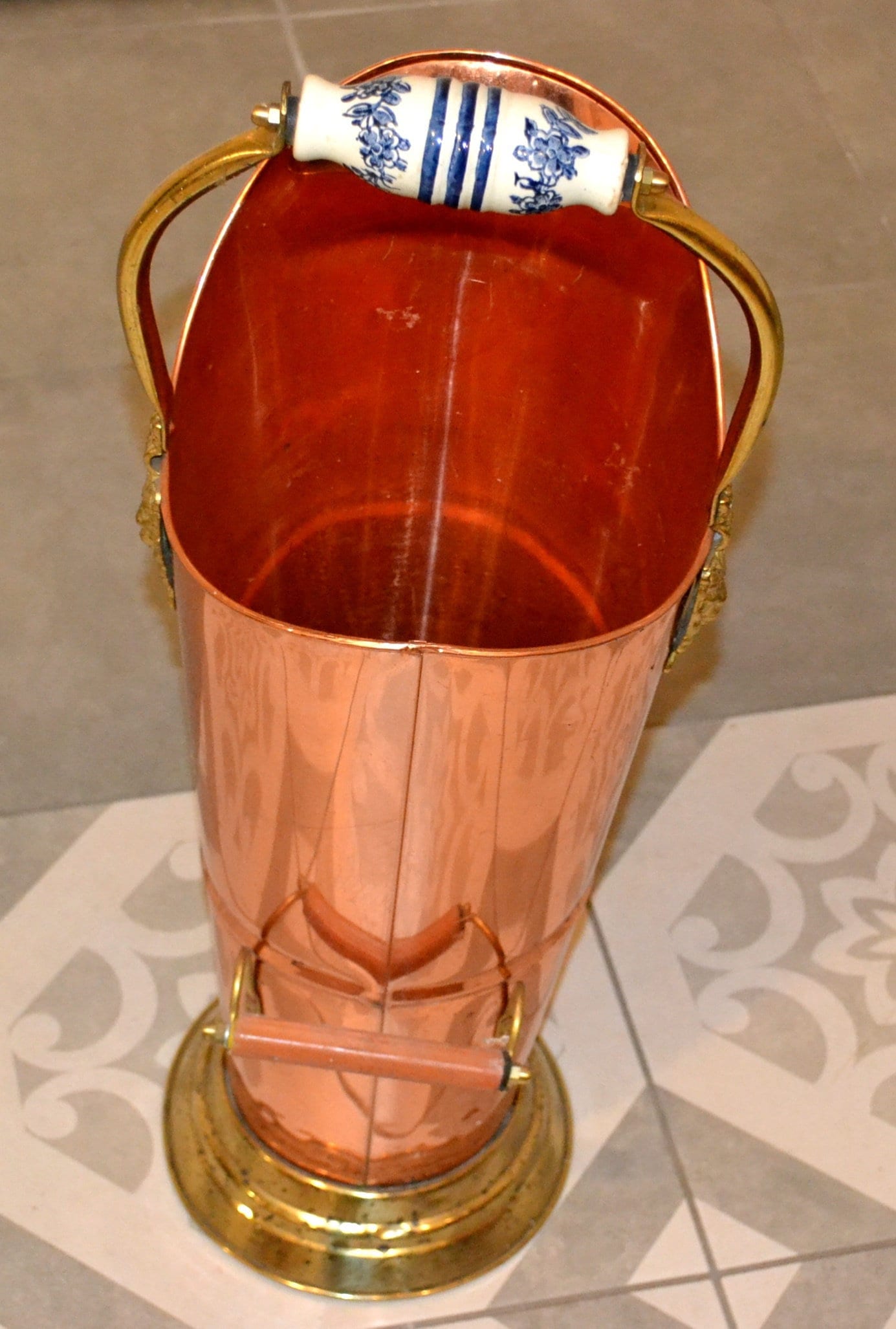 ヴィンテージ銅製　傘立て ヴィンテージ傘立て 銅製 セラミックハンドル 70年代 レトロ ミッド