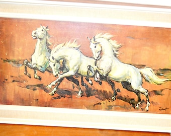 Belle image vintage avec signature Faust 70s Beige/Orange Horses Retro Mid Century Art Shabby Chic