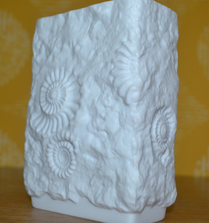 Puede incluir: Jarr&oacute;n de porcelana blanca con una superficie texturizada que se asemeja a una formaci&oacute;n rocosa. El jarr&oacute;n est&aacute; decorado con f&oacute;siles de amonites en relieve detallados.