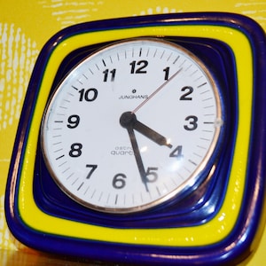Vintage wall clock ceramic by Junghans blue/yellow 70s retro mid century sixties rockabilly seventies