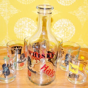 Vintage Whiskey Glass Set with Bottle 70s Rockabilly Retro Mid Century Shabby Chic Country Style