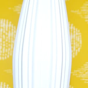 May include: A white ceramic vase with vertical ridges. The vase is tall and slender, with a rounded bottom and a slightly flared opening.