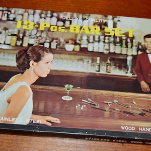 Vintage bar set teak / metal 60s with original box Space Age Retro Mid Century Shabby Chic country style