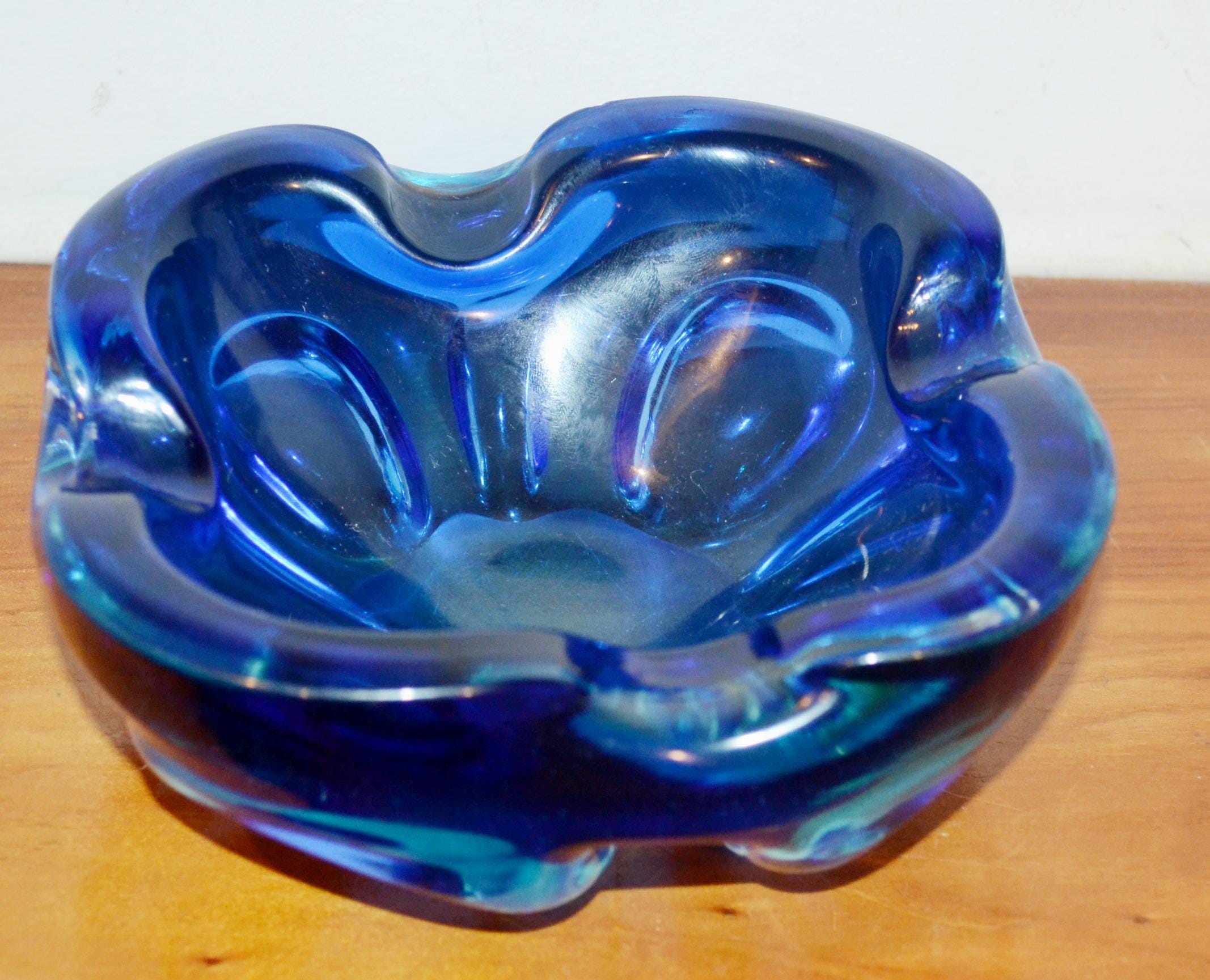 Vintage Glass Ashtray Blue Mid Century Retro Space Age Shabby Chic