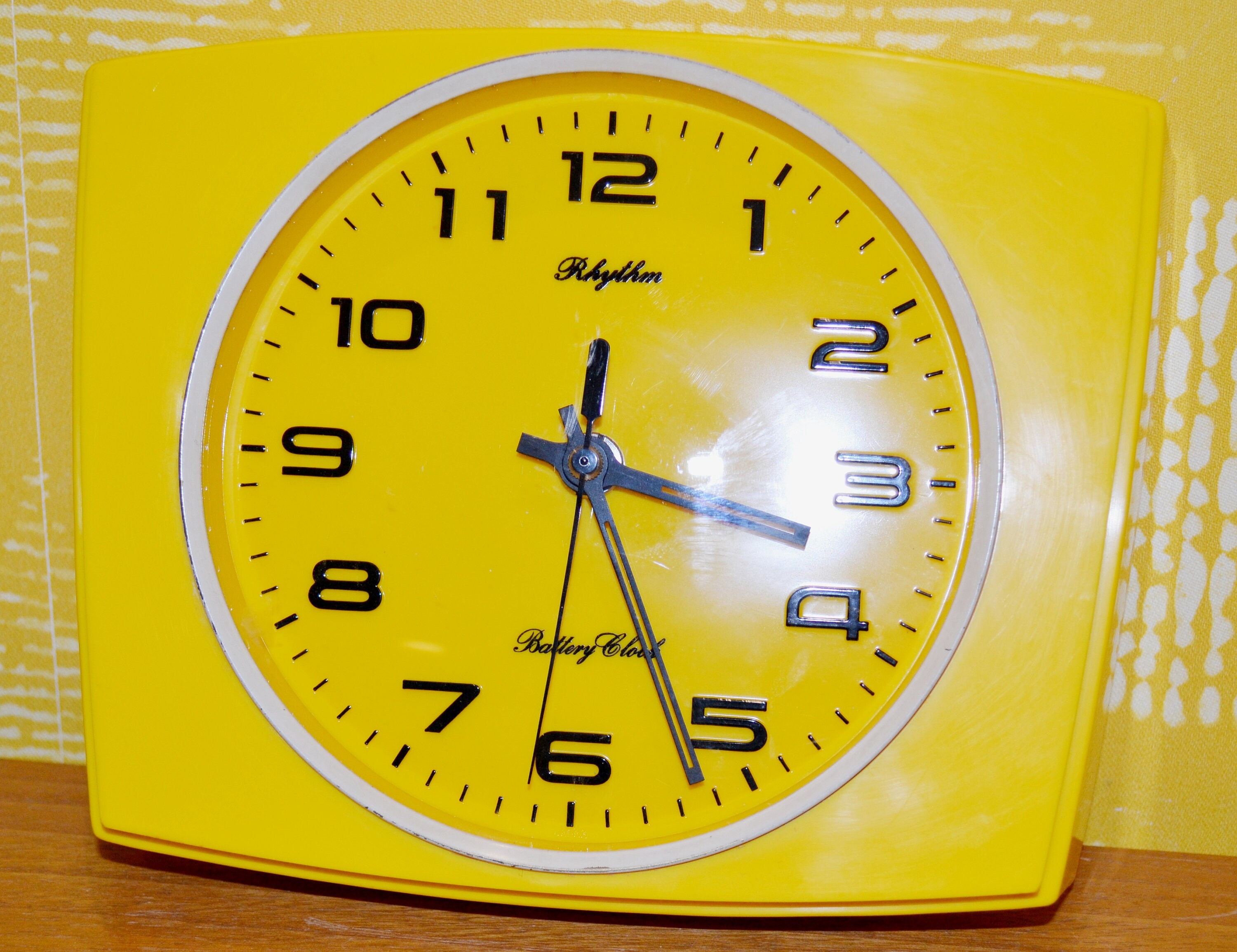 Vintage Plastic Wall Clock by Rhythm, Yellow, 1970s Retro, Mid