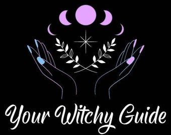 Può includere: Un'illustrazione in bianco e nero di due mani unite con una stella e due rami di foglie al centro. Sopra le mani ci sono tre lune crescenti e una luna piena in viola. Il testo "Your Witchy Guide" è sotto le mani.