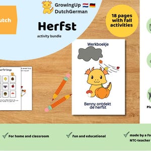 Puede incluir: Un paquete de actividades de otoño de 18 páginas titulado Herfst activity bundle que incluye un cuaderno con un dragón amarillo, una calabaza y una seta. El conjunto incluye una hoja de bingo, dos lápices amarillos e iconos para imprimir y recortar.