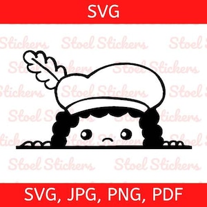 May include: A black and white graphic illustration of a character wearing a hat with a feather, peeking over a horizontal line. The character has curly hair, two round eyes, and a small curved mouth. The text SVG, JPG, PNG, PDF is visible.