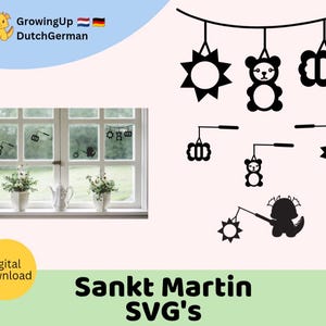 Op de afbeelding: Een digitaal downloadbestand met zwarte SVG-silhouetontwerpen voor Sint-Maarten lantaarns. De set bevat individuele iconen van een zon, een beer en een geschulpte vorm, plus een draak die een lantaarn aan een stok vasthoudt en een slinger.