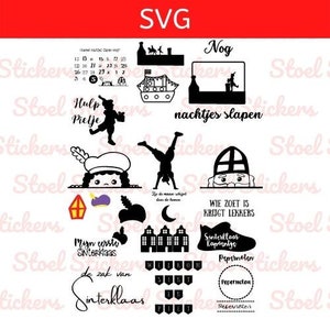 Op de afbeelding: Een verzameling zwarte SVG-grafische ontwerpen met Sinterklaas-thema's, waaronder silhouetten van figuren, een stoomboot, een kalender, huisjes, een schoen en teksten zoals 'Nog nachtjes slapen', 'Mijn eerste Sinterklaas' en 'Pepernoten'.