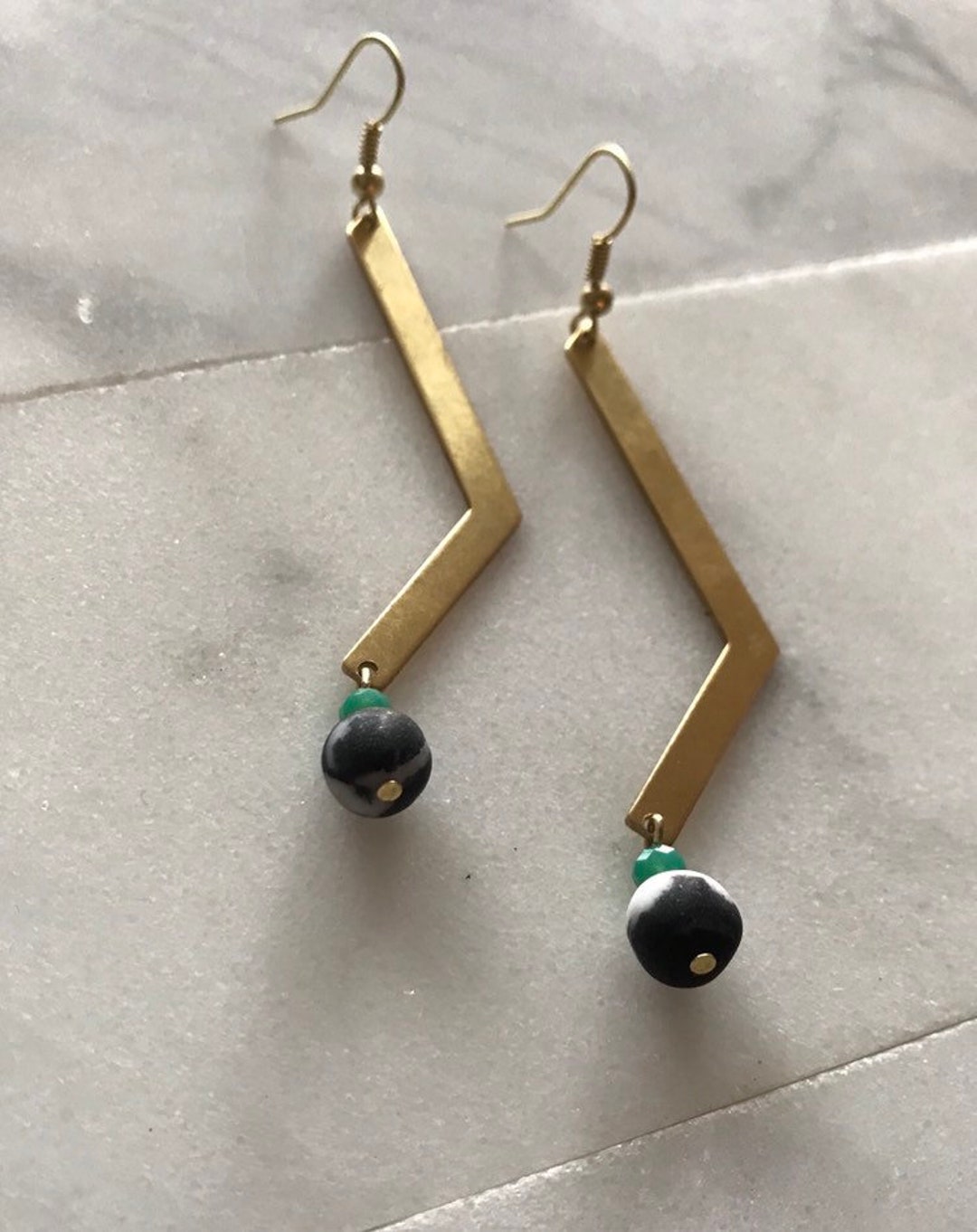 Brass Zig Zag Earrings Drop Earrings Stone Brass Metal Etsy