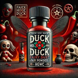 May include: A glass bottle with a black label that reads "Duck Hoe Duck", "Duck Ho", "Duck", "Fairy Dust", "Fairy Powder", and "HGWC". The bottle is filled with a red powder and is surrounded by red chili peppers and other decorative elements.