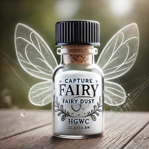 May include: A small glass bottle with a cork stopper filled with white glitter. The bottle has a black label that reads "Capture Fairy Fairy Dust HGWC 22.223.8m".