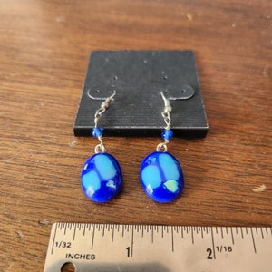 Blue Fused Glass Earrings with Light blue and Metallic Accents