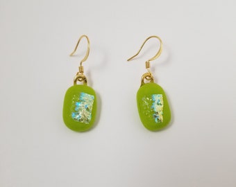 Glass Earrings | Dichroic Glass | Green Glass Earrings with Iridescent Dichroic Accent