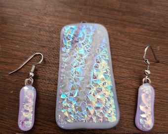 Lavender Fused Dichroic Glass Pendant and Earrings with Metallic Accents