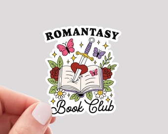 May include: A sticker with a book, sword, and butterflies. The text reads "Romantasy Book Club".