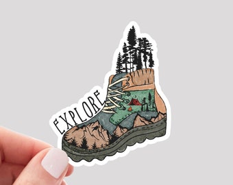 Explore Sticker / Explore Boot Sticker / Outdoors Sticker / Hiking Sticker / Camping Sticker / Trees Sticker / Water Bottle Sticker