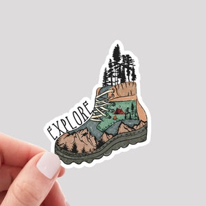 Explore Sticker / Explore Boot Sticker / Outdoors Sticker / Hiking Sticker / Camping Sticker / Trees Sticker / Water Bottle Sticker