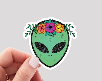 Alien Sticker / Floral Alien Sticker / Green Alien Sticker / Outer Space Sticker / UFO Sticker / Alien Water Bottle Sticker