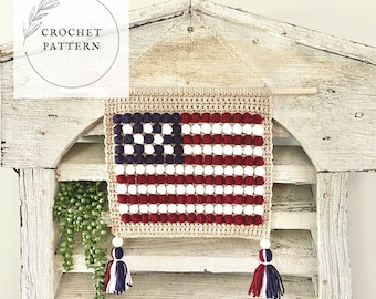 CROCHET PATTERN | Stars and Stripes wall hanging. American flag wall hanging pattern. Summer decor. Crochet Wall decor. Ivory Farmhouse