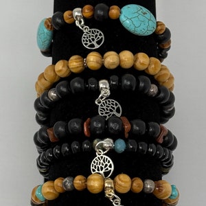 Natural Boho Tree of Life Handmade Beaded Bracelets with Wooden Beads and Charms