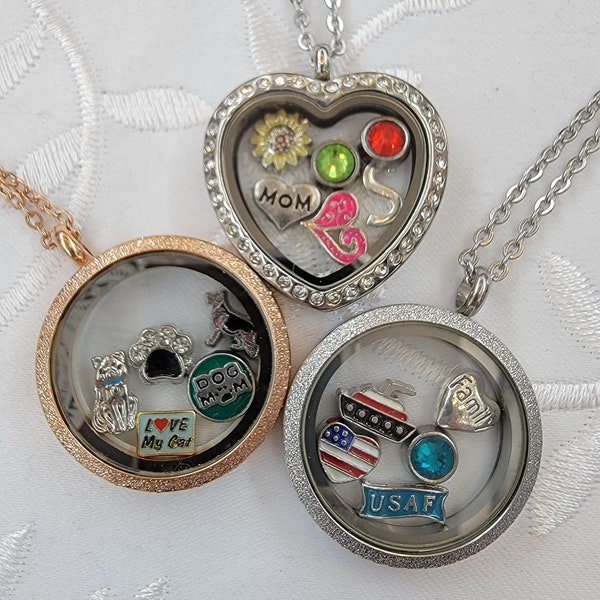 CUSTOM GIFT!Sale!16.99 FREEShipping!Pick your own charms,Mothers Day,Teacher,Floating memory charm necklace.Birthstones.Military.Stainless