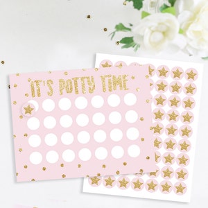 May include: Pink and gold potty training chart with the text "It's Potty Time!" and a sheet of gold star stickers.